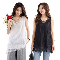 [보니아브] 레이스 힙커버 민소매 롱 블라우스1종(블랙/화이트)