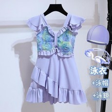 女童短袖連體泳衣裙 帶安全褲 立體花朵