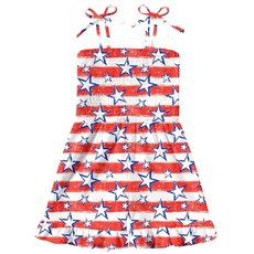 Kimoda 여아용 민소매 점프수트 스모크 조절 가능한 타이 업 스트랩 반바지 롬퍼 여름 의상 만 3~7세 미국 국기 3~4세