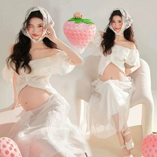 블랙 만삭 촬영 베이지 반목 화보 셀프 사진 임부복, 라이트브라운 베일 포함 상의 드레스