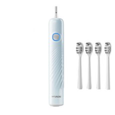 HYUNDAI 掃振電動牙刷 附4替換刷頭 Type-C充電 IPX7防水, 淺藍色 4刷頭 - S302 40度掃振一體深度淨齒, 1個, 如圖所示
