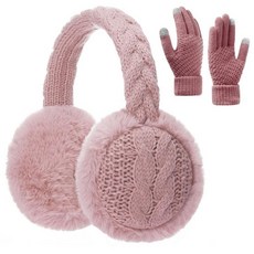 BUTITNOW 여성용 니트 퍼지 귀마개 및 터치 스크린 장갑 세트 겨울용 따뜻한 헤드밴드 이어 워머 귀마개 핑크