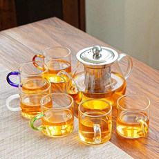 내열유리 우드핸들 거름망 내장 원터치 티메이커 겸용, ., 1L, 6개 6가지 색상