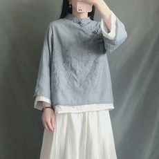 新中式刺繡盤扣棉麻上衣 高腰半身裙
