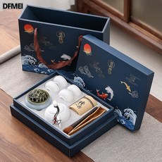 DFMEI 國潮商務禮品茶具套裝家用青瓷一壺四杯香爐檀香組合套裝, 亞白+茶巾茶夾茶筆+香爐, 參考詳情, 1個