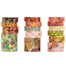 Songdao 일본 사쿠라 와시 테이프 15롤 세트 전통적인 기모노 장식 마스킹 테이프 금박 공예 스크랩북 DIY 선물 포장용 벚꽃 예술 (1-사쿠라 코트 화려함), 1-사쿠라 코트 스플렌더