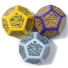 날씨 악천후 및 지리 생 주사위 세트 | D&D 패스파인더 TTRPG용 점보 D12 3개 핸드 일러스트레이션 게임 마스터를 위한 세계 건설 만남 영감 (퍼플 옐로우 블루, 퍼플, 옐로우, 블루