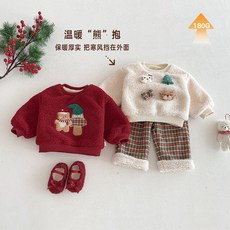 兒童耶誕節衛衣2025新款冬季女童卡通加厚套頭衫寶寶貓咪小熊上衣