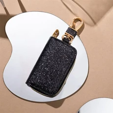 (호환)반짝 이는 Pu 키 가방 지퍼 홀더 주최자 자동차 체인 지갑 심플 커버, 02 Black