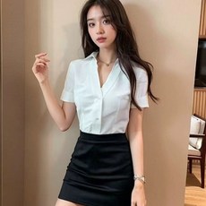 大尺碼套裝 酒店制服襯衫 足浴技師短袖工作服 收腰性感襯衣 職業裝新款前臺套裝 S-8XL, 1個, 單件黑色包臀裙,S 80-90斤