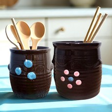 빈티지 항아리 수저통2p세트 수저꽂이 조리도구통, 1세트, 브라운