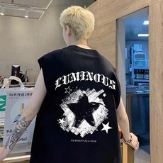 背心男M-5XL 星星設計感無袖t恤夏季新款韓版日系 坦克背心 運動背心 無袖上衣 t恤男 透氣背心 健身背心 排汗背心