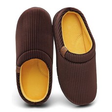 남성용 투톤 슬리퍼 아치 서포트 슬립온 따뜻한 하우스 슈즈 아늑한 메모리 폼 실내/실외 통기성 슬리퍼 브라운+옐로우