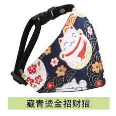 貓咪圍脖貓咪三角巾貓口水巾圍巾小貓咪小狗和風三角巾貓飾品 副廠商品, 1個, 藏青/燙金招財貓,可調節 適合頸圍33cm以內的寵物