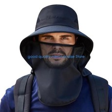 사파리 모자 목 플랩 태양 모자 낚시 모자 남성용 태양 보호 그물 하이킹 모자 포니 테일 구멍, 검은색