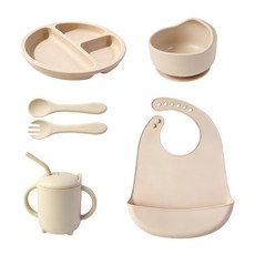 DFMEI 硅膠餐盤圍兜嬰兒童碗餐具叉勺防摔零食杯子套裝兒童輔食硅膠餐盤, 1個, 6件套藕色:如圖