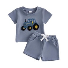 Amiblvowa 유아 남아용 여름 옷 투피스 의상 니트 트럭 셔츠 반바지 세트 리틀 키즈 6 12 18개월 2T 3T 4T 트랙터 자수 블루 12-18개월