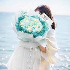다 잘될거야 아르띠콜로 LED 장미 안개꽃 대형 꽃다발, 블루