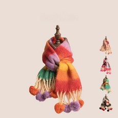 【 包 您省心】冬季兒童彩色格子仿羊絨保暖圍巾女寶寶長款可愛毛球聖誕毛絨圍脖