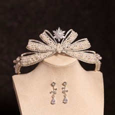 화려한 왕관머리띠 생일파티 졸업앨범 헤어 제주 스냅 악세사리 셀프웨딩 스냅촬영 헤어소품, 1개, 황관 + 은색 귀걸이 귀걸이