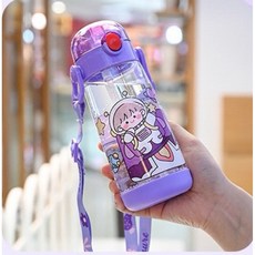 兒童吸管水壺 耐高溫彈跳蓋防漏背帶水壺, 1個, 紫色-小萌妹