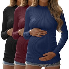 Huukeay 여성용 임산부 셔츠 골지 니트 면 임산부 상의 긴소매 모크넥 기본 튜닉 가을 의류 3팩 블루 와인 레드 블랙 XXL