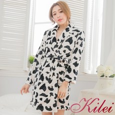 【Kilei】乳牛點點綁帶水貂絨睡袍XA3118-02(可愛白)全尺碼