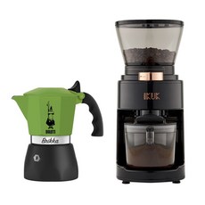 Bialetti Brikka 摩卡壺搭配 IKUK 磨豆機組合，輕鬆享受現磨咖啡, 加壓2杯份 綠色 + 磨豆機