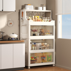 플라스틱 접이식 이동형 주방 수납장, 투명색-4단