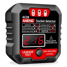 ANENG AC28 디지털 콘센트 테스터기 220V LCD 전압 측정 접지 배선 오류 검사 누전차단기 RCD 30mA 테스트 10A/16A 겸용, 1개
