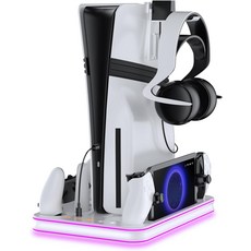 RGB 조명이 있는 EJGAME PS5 ProSlimPS5 스탠드 및 냉각 스테이션 플레이스테이션 포털 P5 컨트롤러용 충전 PS 충전기 헤드셋 리모컨화이트, White