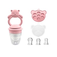 嬰兒矽膠咬咬樂輔食器 食品級磨牙棒, 淺粉 - 小熊咬樂 熊輔食 大中小網袋, 1個