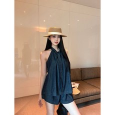 胖MM特大碼300斤氣質套裝無袖掛脖背心女夏復古牛仔褲短褲兩件套