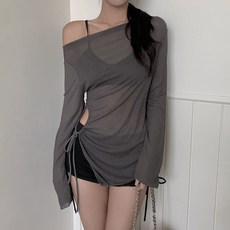 [커버업] 넛팅 비키니 셔링 사선 오프숄더 홀터 수영복 세트, 차콜(블랙)