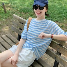 별맘 여성 여름 시스루 스트라이프 긴팔 티셔츠 얇은 루즈핏 자외선 차단 데일리 상의
