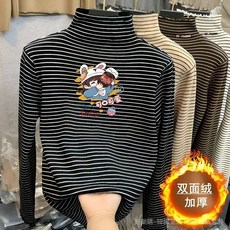 高品質 男女童條紋德絨磨毛半高領打底衫秋冬長袖t恤中大童保暖上衣 QAJB