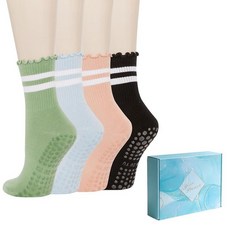 Benefeet Sox 필라테스 양말 여성용 미끄럼 방지 그립 러플 프릴 요가 슬리퍼 바레 병원 운동용 4쌍 그린 블루 핑크 블랙 스트라이프-4팩 원사이즈 170041, 그린, 블루, 핑크, 블랙 스트라이프-4팩