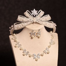 화려한 왕관머리띠 생일파티 졸업앨범 헤어 제주 스냅 악세사리 셀프웨딩 스냅촬영 헤어소품, 1개, 황관 + 귀걸이 귀걸이 + 진주 목걸이