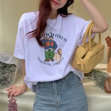 cammello 스노우월드 프린팅 루즈핏 반팔 티셔츠 여성 면티 박스티