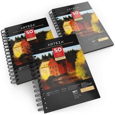 ARTEZA Spiral Sketch Book 14x21.6cm(5.5x8.5인치) 블랙 아트 페이퍼 드로잉 패드 3팩 50장 드로잉용 스케치 패드