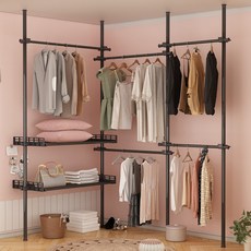 하이주 튼튼한 옷걸이봉+수납선반 세트 스프링식 압축봉 행거 너비조절 가능, 블랙, 5단+선반*2