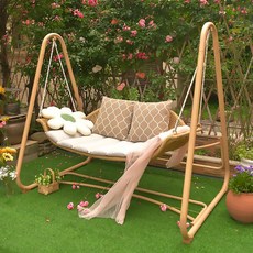 흔들의자 2인용 정원 스윙체어 라탄 그네의자 테라스 발코니 인테리어 마당용, 2_더블 우드 패턴(쿠션 베개 포함)