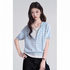 해피유통여성용 스트라이프 후드 레이어드 반팔 티셔츠 여름 루즈핏 캐주얼 상의