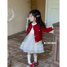 快速出貨 優雅白色蕾絲 紅外套主題派對女童洋裝 公主裙 蓬蓬裙 禮服 派對表演服 童趣小姐