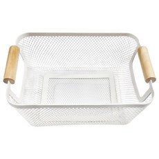 樂司 小鐵多用途收納籃 鐵噴塑本體 松木手柄, 白色 + 原木色, 1個