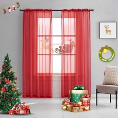TOAVA DECO 크리스마스 레드 시어 보일 커튼 반투명 단색 창문 트리트먼트 213.4cm(84인치) 길이 로드 포켓 침실 거실용 2개 패널 132.1 x 213.4cm(5