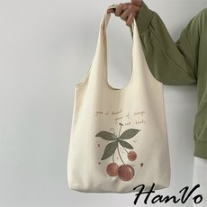HanVo 帆布包 文藝插畫風櫻桃圖案大容量手提袋