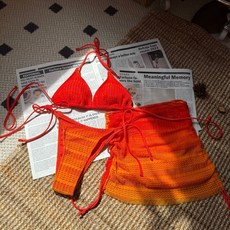 歐美新款漸變網紗三件套比基尼沙灘裙, 桔紅色