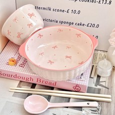 蝴蝶結陶瓷雙耳湯碗套裝家用帶勺餐具, 粉色蝴蝶結,雙耳湯碗單個裝, 1個