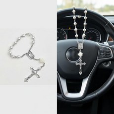 백미러용 자동차 묵주 - 백미러 걸이 액세서리-스티어링 휠 묵주 참-펄 하트 체인 가톨릭 자동차 인테리어 벽걸이 장식-합금 인공 진주(화이트), White